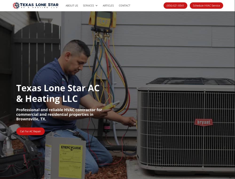 screenshot of texas lone star ac & heating llc web design client in Brownsville, TX